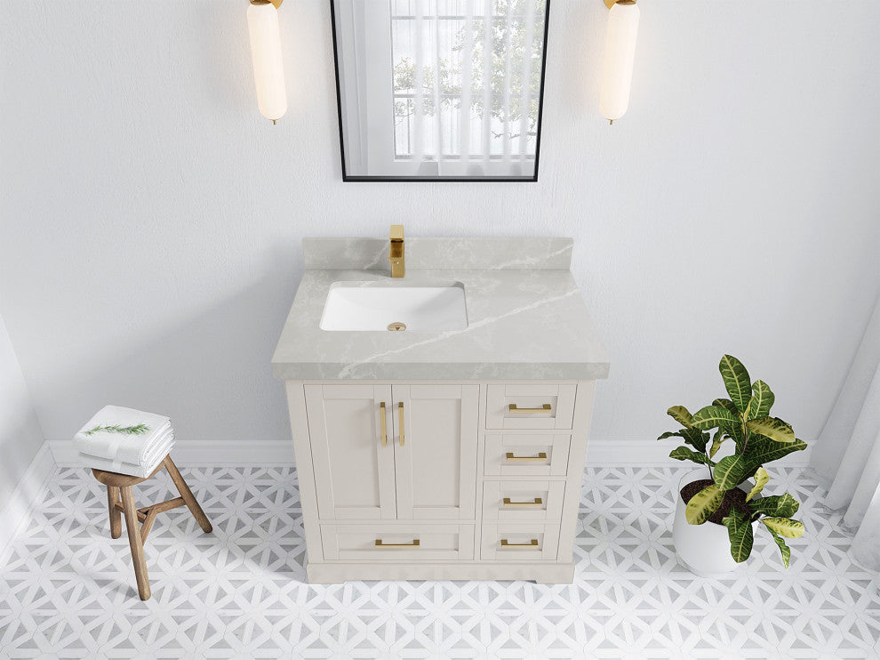 Boston 36" Left Offset Bath Vanity in Fine Grain 2" Pearl Gray
