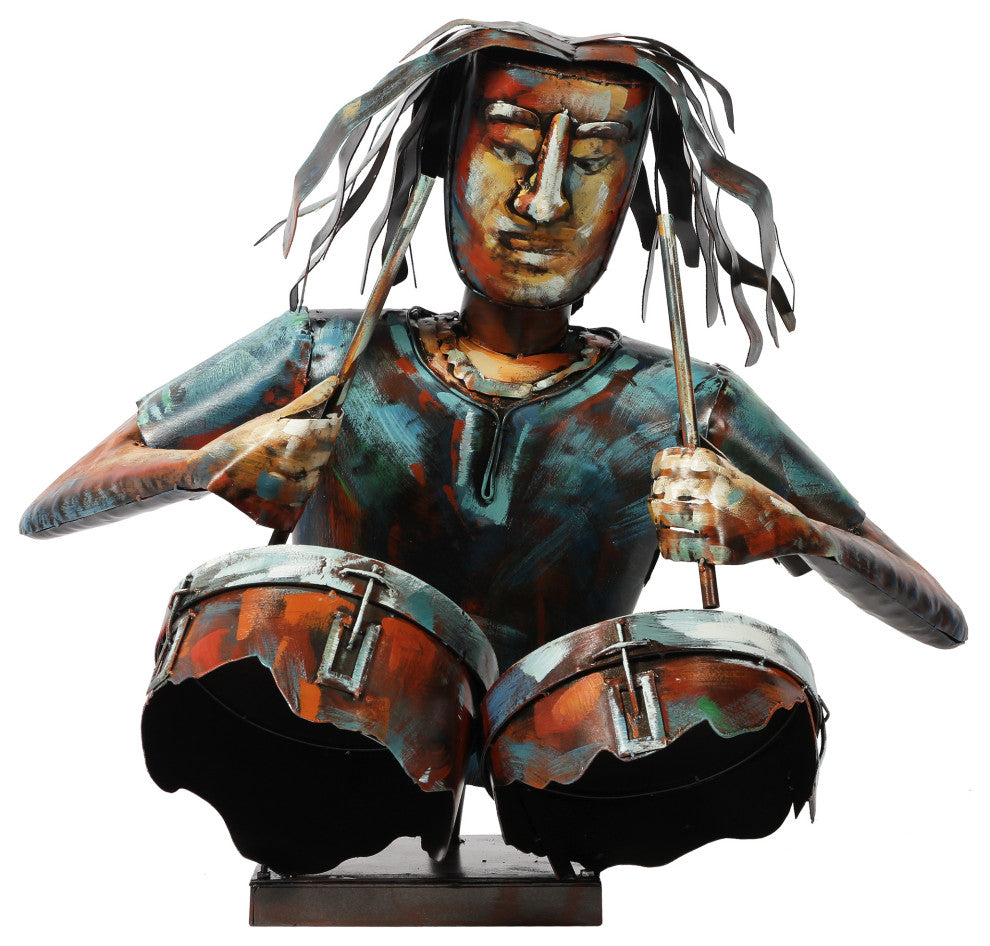 "Homme" Iron Hand-Painted Colorful Art Sculpture, Multi Color, The Drummer