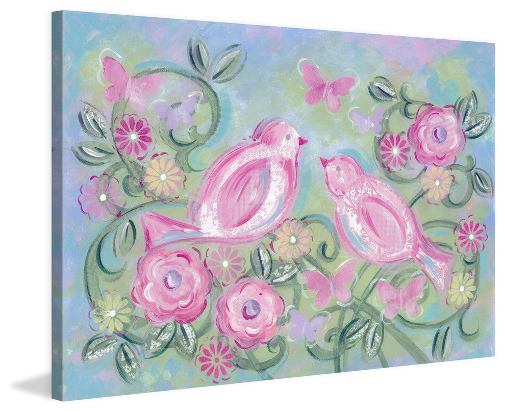 "Birds in Garden" by Reesa Qualia Painting Print Wrapped Canvas, 18x12