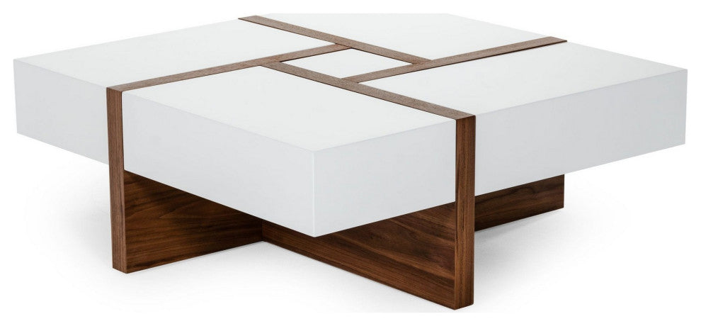 Benzara BM279421 Cid 39" Wood Coffee Table, Puzzle Top Storage, White, Walnut