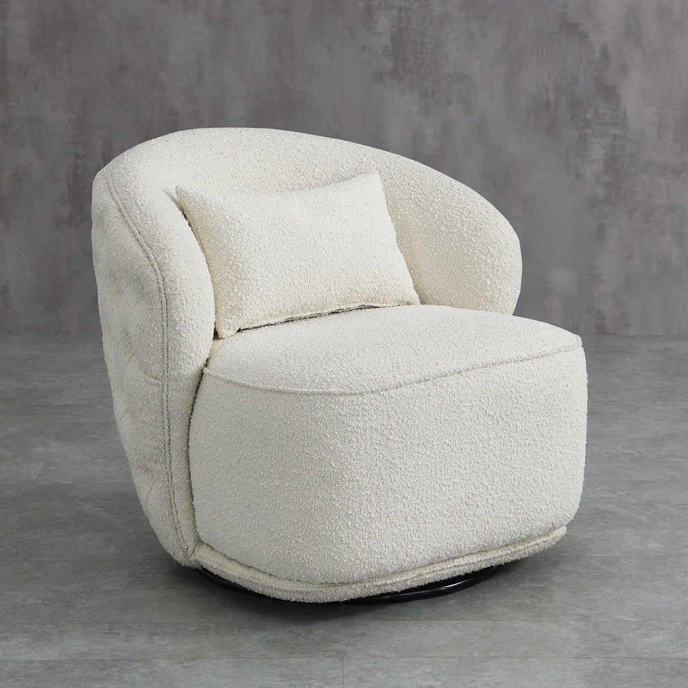 Upholstered Tufted Boucle Swivel Barrel Chair, Ivory, 30'''' H X 33'''' W X 30'''' D