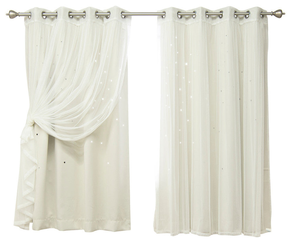 Tulle and Star Cut Out Blackout Mix and Match Curtains, Biscuit, 63"
