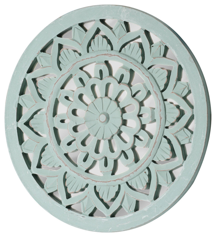 Distressed Reflective Round Green Floral Wood Wall Art Medallion - 16"