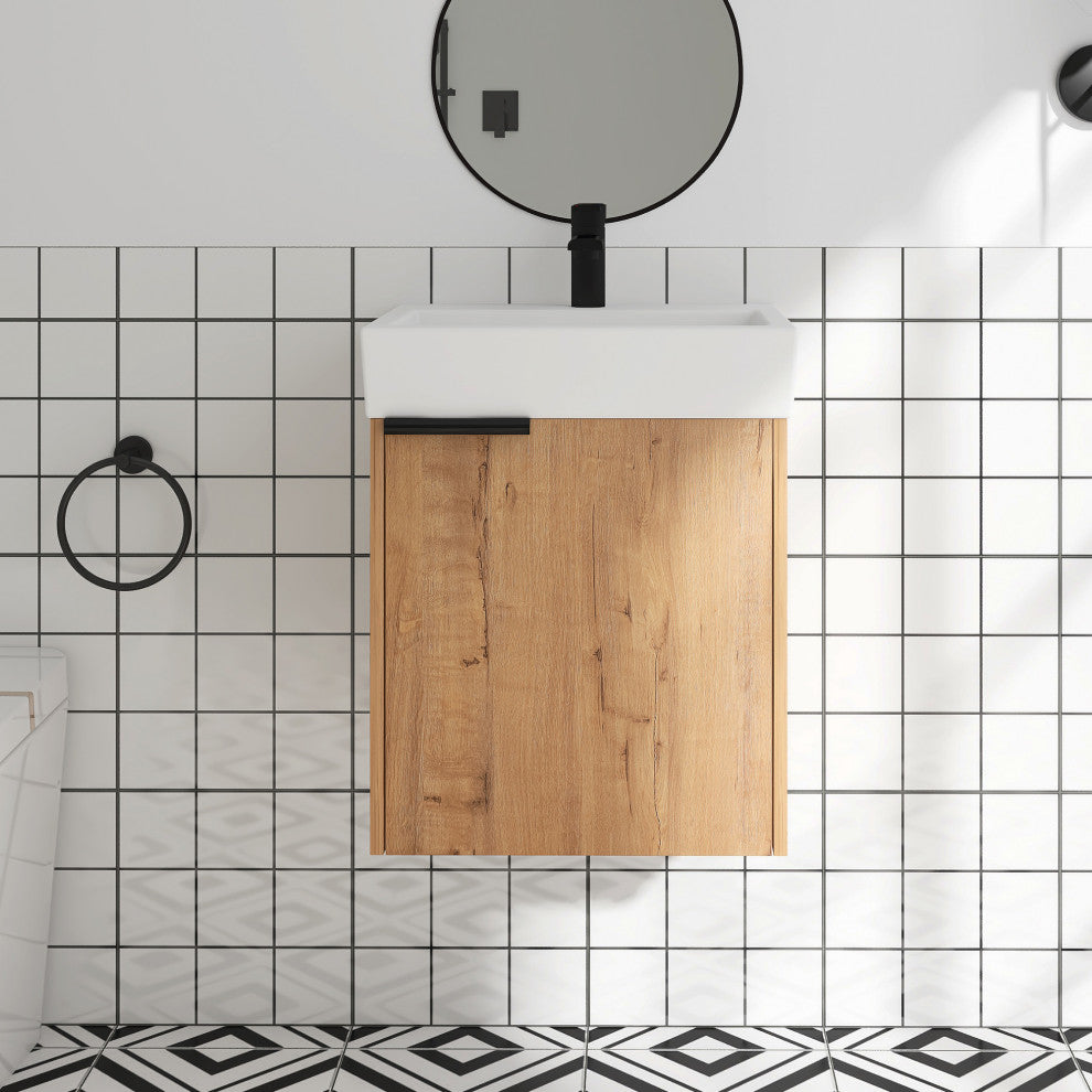Wall-Mounted Bathroom Vanity With Ceramic Top and Basin