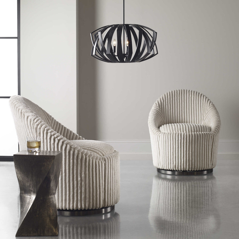 Mid Century Modern Woven Black Metal Cage Pendant, 3 Light Chandelier Round
