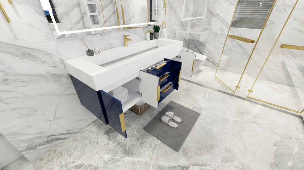 Madison 60" Wall Mounted  Single Sink Vanity with Reinforced Acrylic Sink, High Gloss Blue
