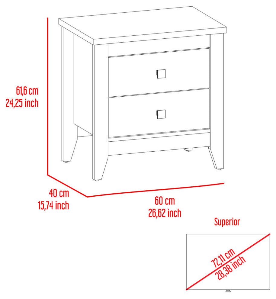 Breeze Four-Legged Modern Bedroom Nightstand, with Two Drawers - Black