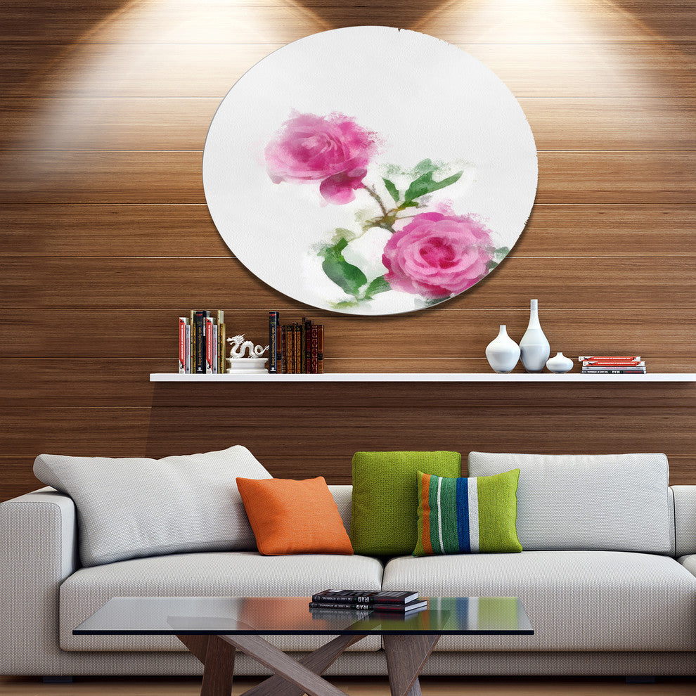 Rose Stem With Pair Of Roses, Floral Round Metal Wall Art, 11"