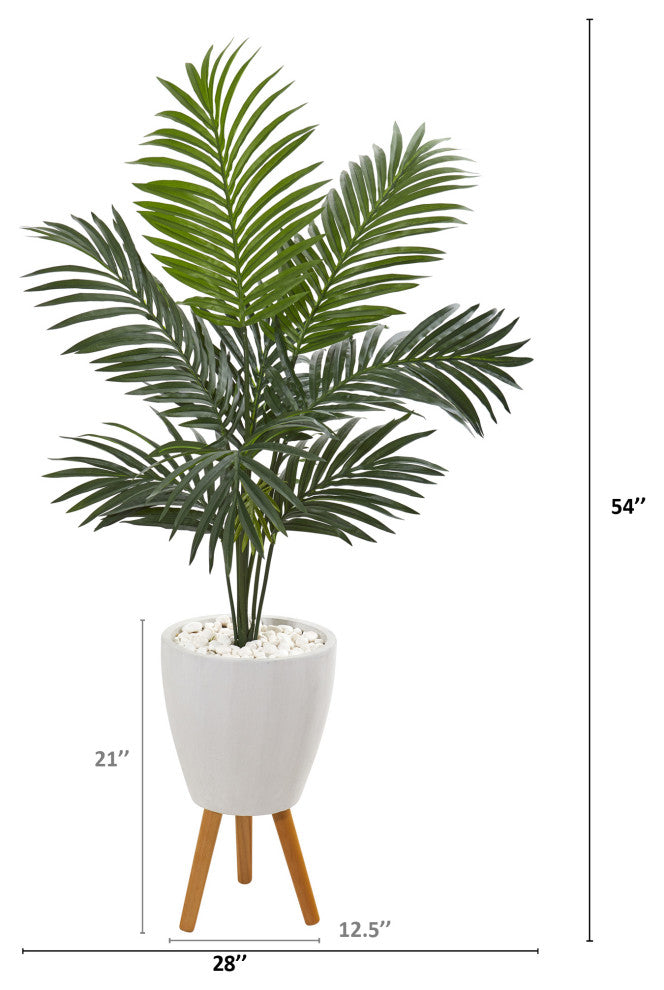 4.5' Kentia Artificial Palm Tree, White Planter With Legs