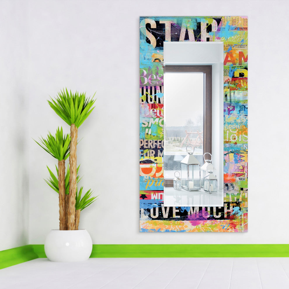 Metro Mix Rectangular Beveled Mirror on Free Floating Printed Tempered Art Glass