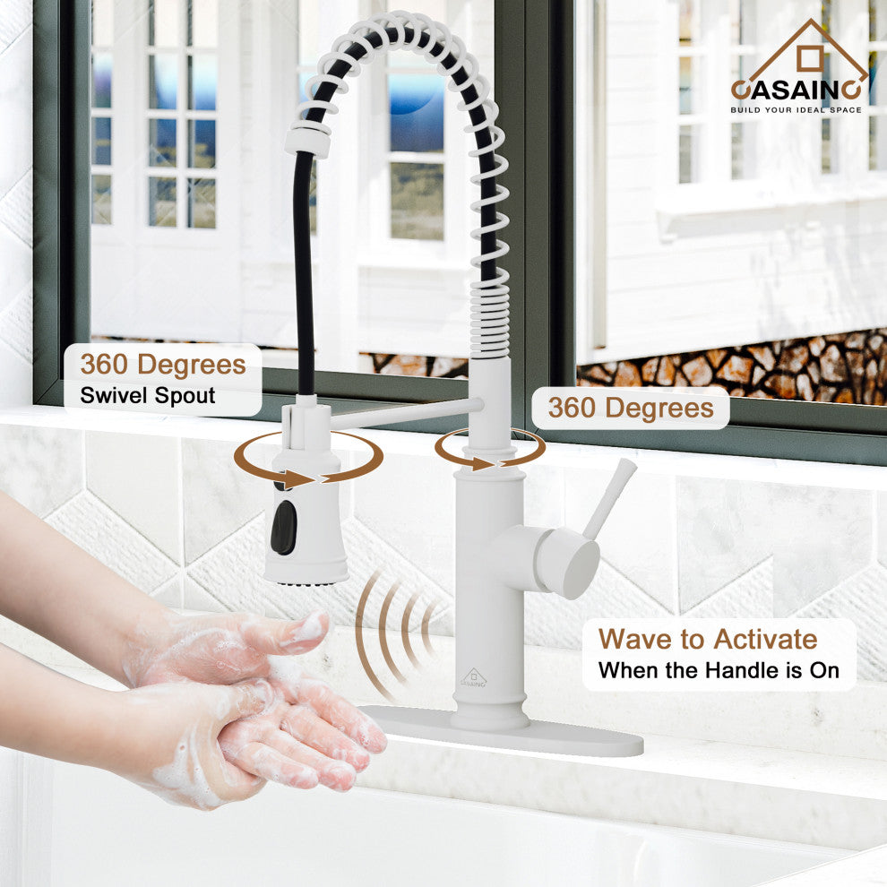 Single-Handle Spring Pull Down Sprayer Kitchen Faucet with Infrared Induction, Matte White