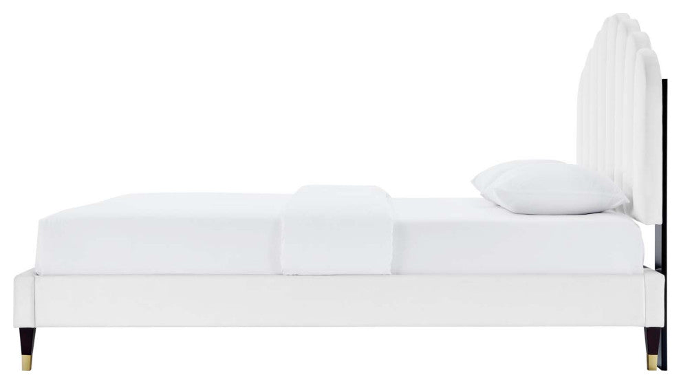 Platform Bed Frame, Queen Size, White, Velvet, Modern, Bedroom Guest Suite