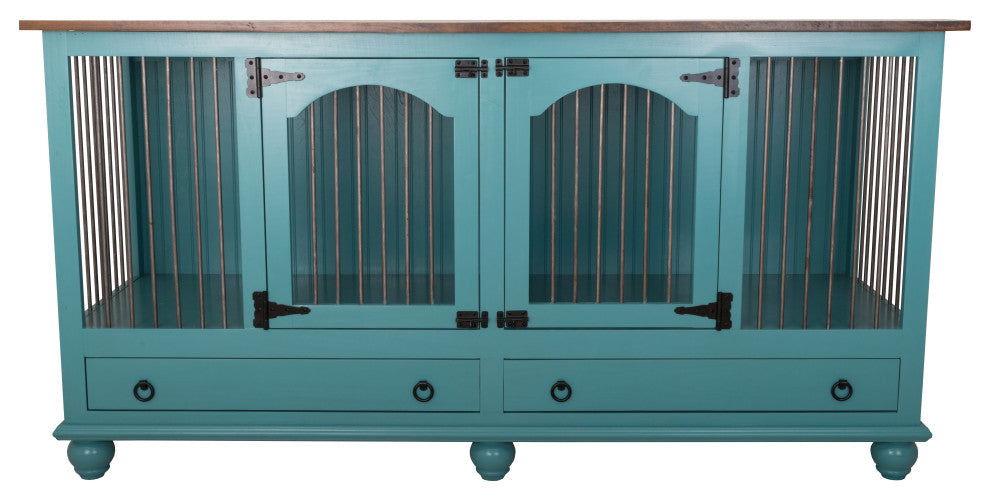 Large Double Wide Dog Crate Credenza, Sassy Olive and Concord Cherry