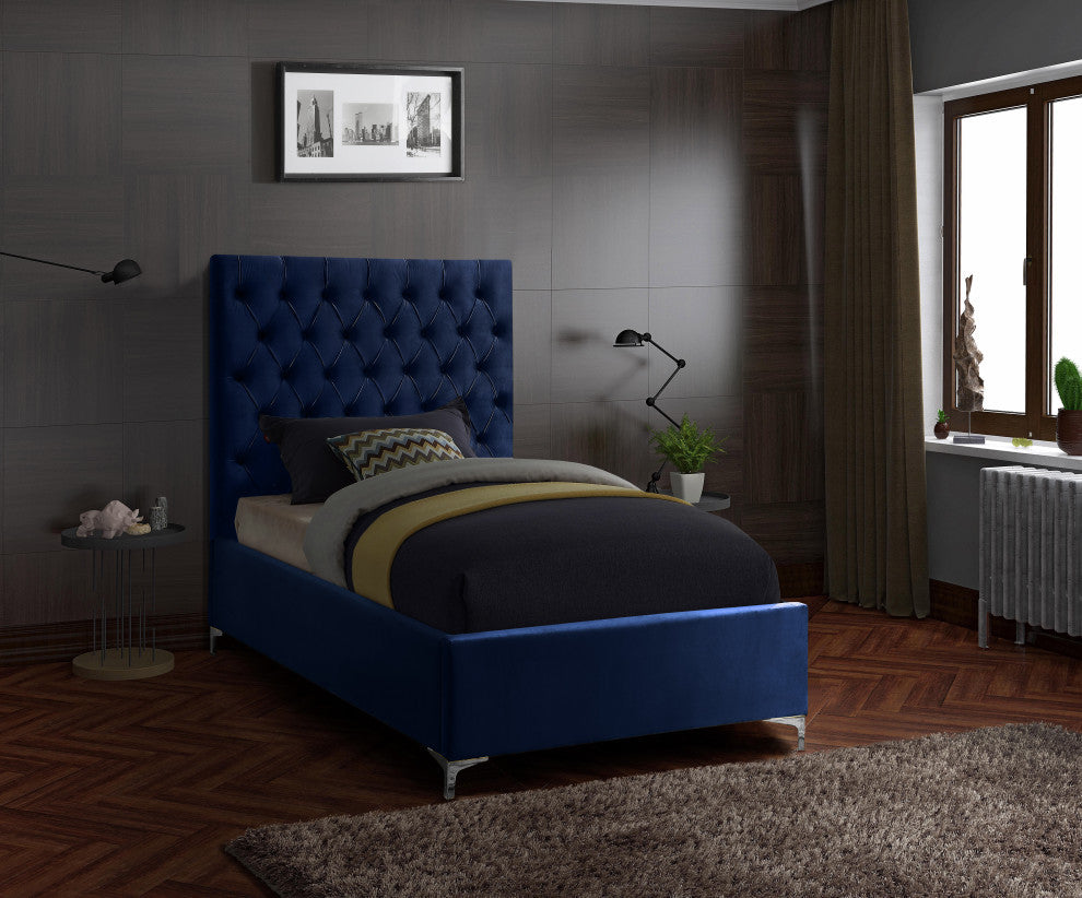 Cruz Velvet Upholstered Bed, Navy, Twin