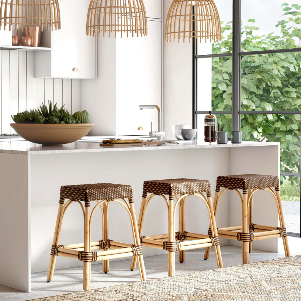 Robias Rectangular Rattan 24.5" Counter Stool, Brown