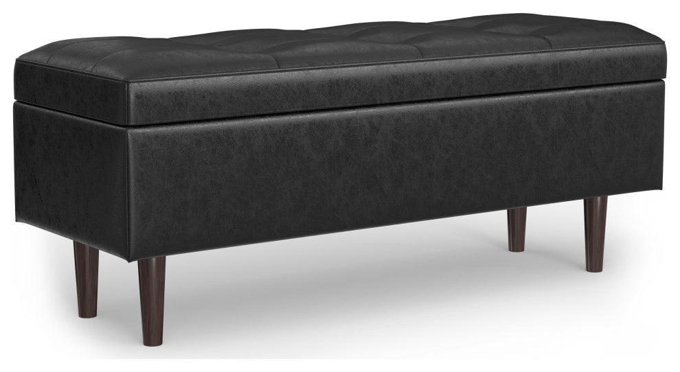 Shay Mid Century Rectangular Storage Ottoman, Distressed Black