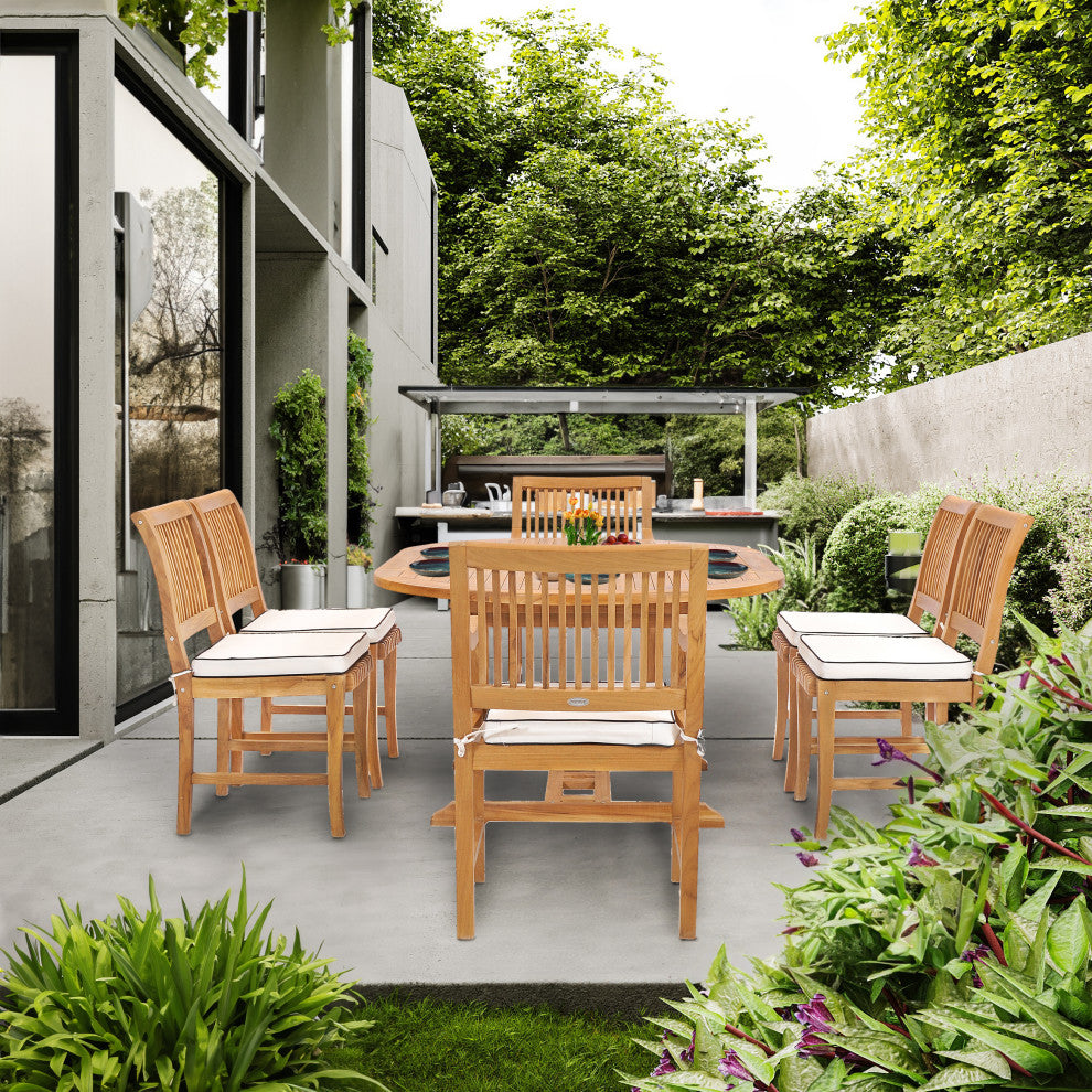7 Piece Teak Wood Castle Patio Dining Set with Round to Oval Extension Table