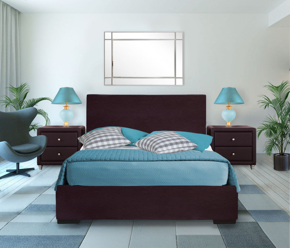 Brown Upholstered Platform King Bed With Two Nightstands