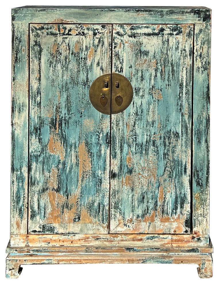 Distressed Teal Blue Marks Moon Face Slim Credenza Side Cabinet Hws4392