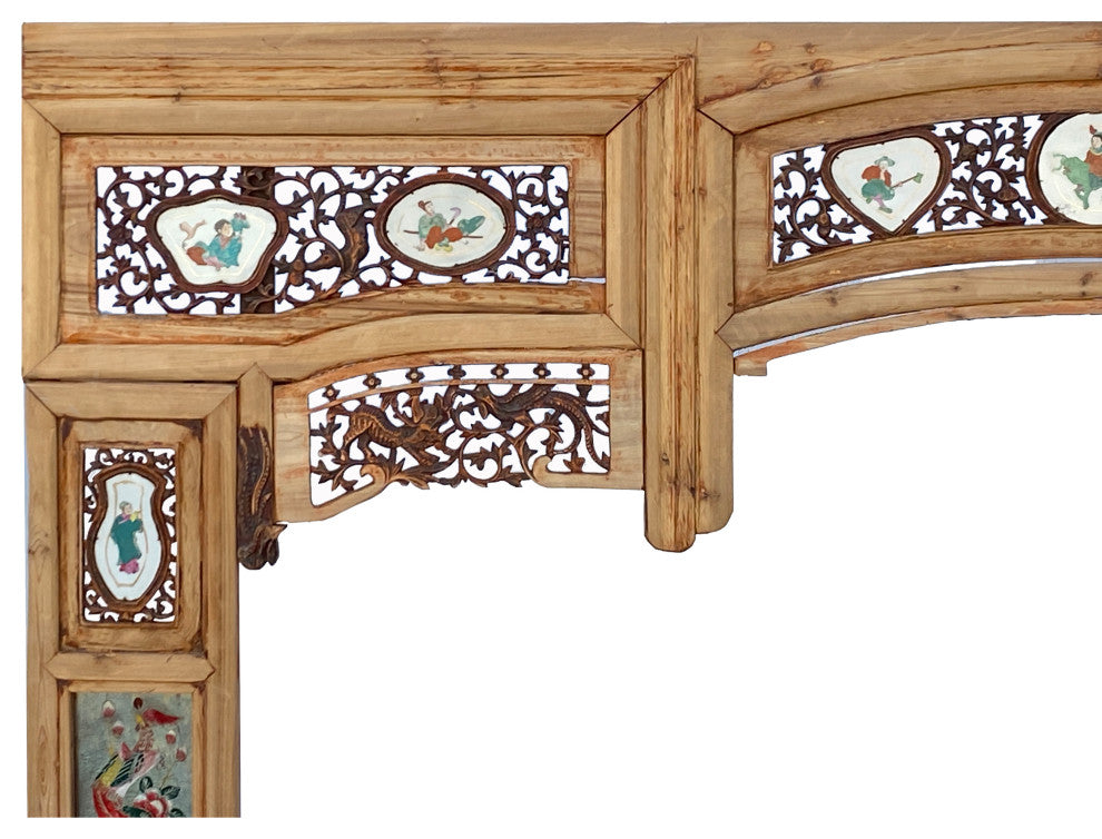 Vintage Chinese Arch Shape Carving Porcelain Graphic Wood Wall Art, Hws2254