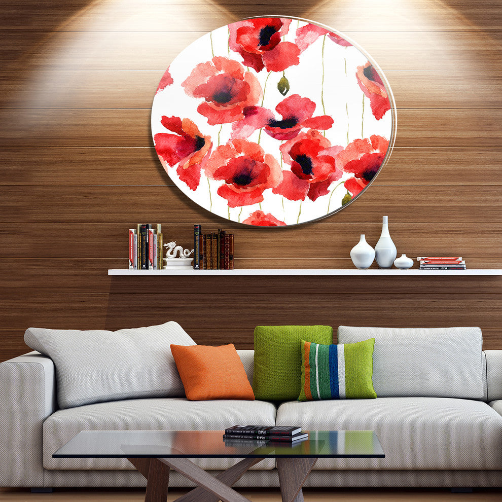 Stylized Poppy Flowers Illustration, Modern Floral Round Wall Art, 36"