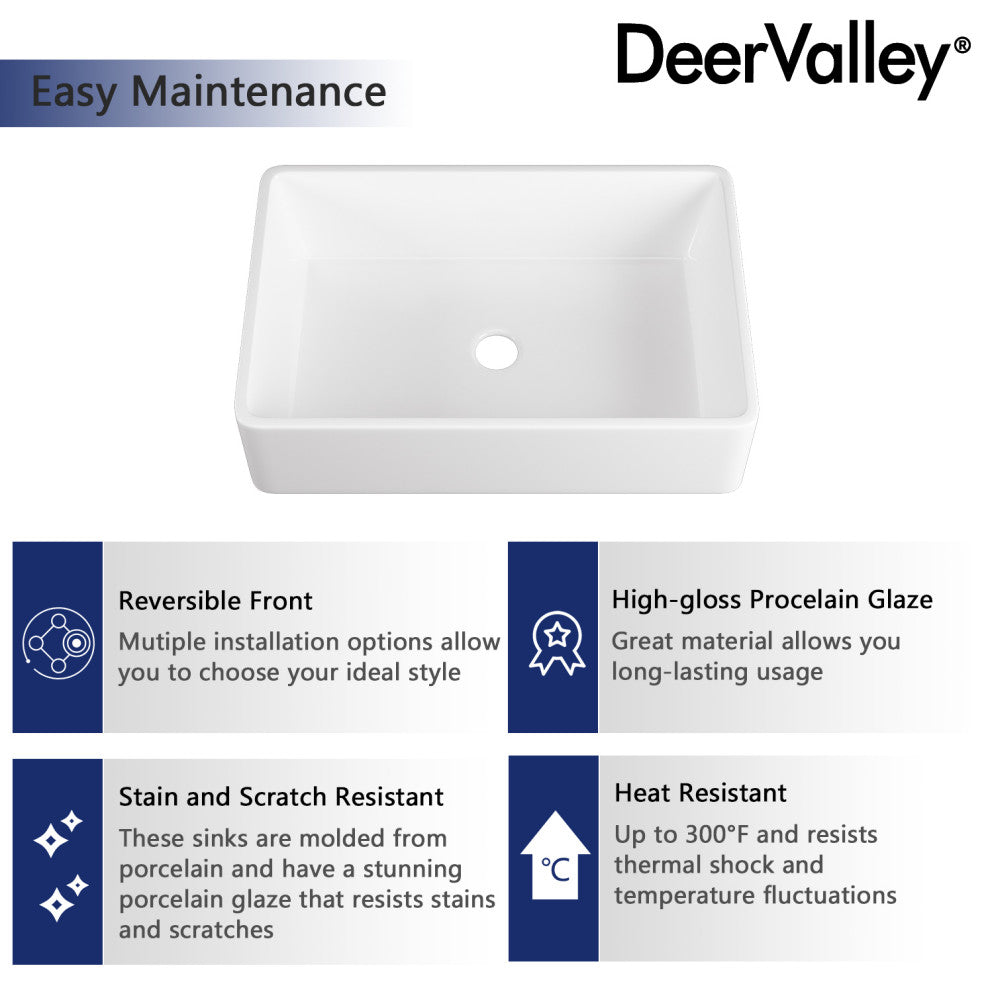 33'' Farm Kitchen Sink Ceramic Rectangular Single Bowl With Grid and Strainer