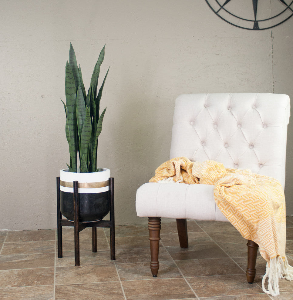 Large Handcrafted Fiber Clay Cylinder Pot 10'' With Wood Plant Stand Dark Walnut