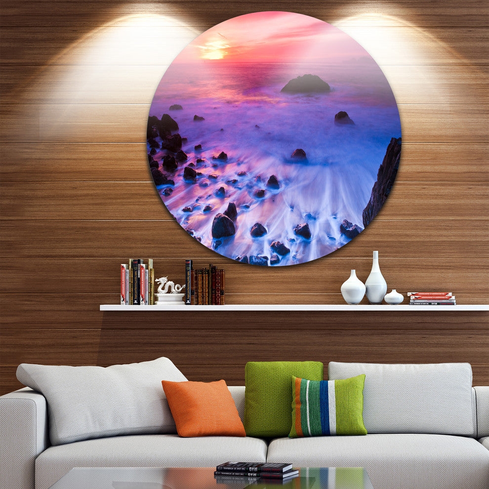Bluish Waters At Sunset Panorama, Seashore Disc Metal Wall Art, 11"