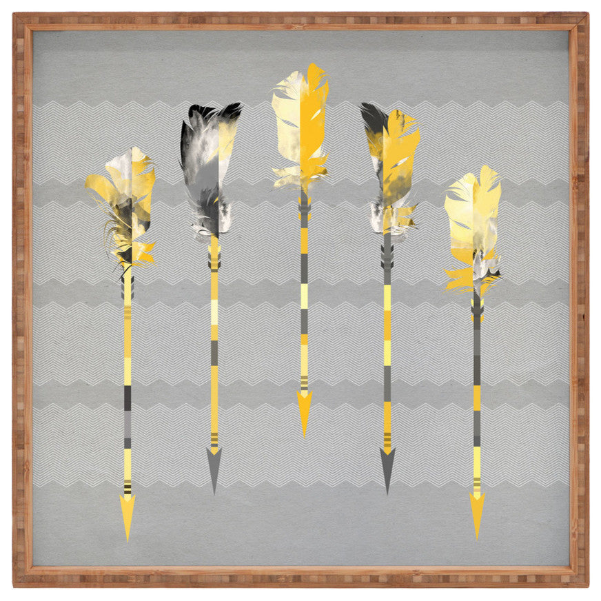 Deny Designs Iveta Abolina Gray Yellow Feathers Square Tray