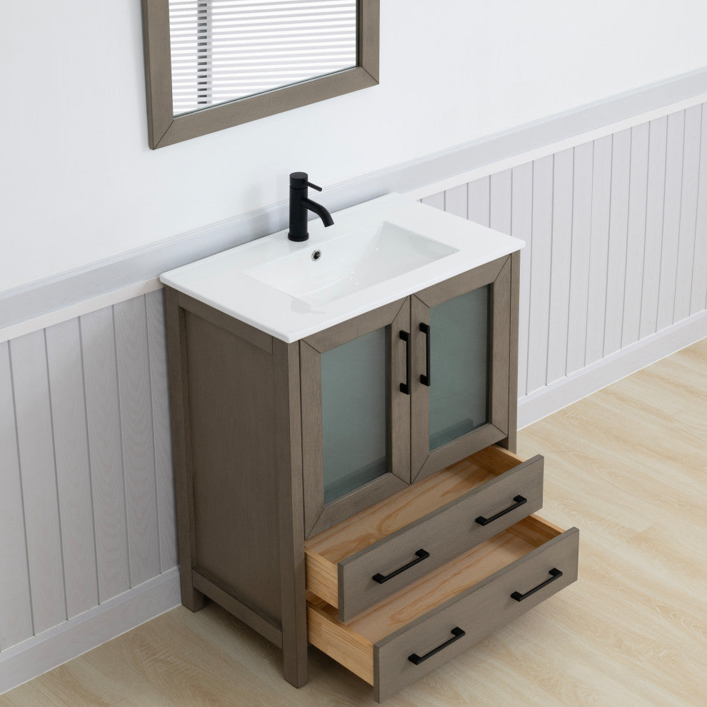 Vanity Art Single Vanity Set With Ceramic Top, 30", Driftwood Gray, Standard Mirror