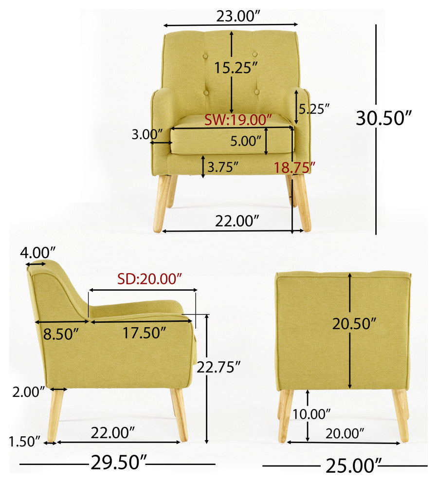 GDF Studio Fontinella Mid-Century Modern Fabric Tufted Arm Chair, Verdure Yellow, Set of 2