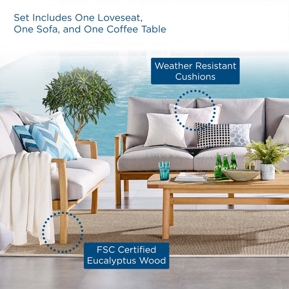 Lounge Chair Chaise Table Set, Wood, Brown Natural Gray, Modern, Outdoor
