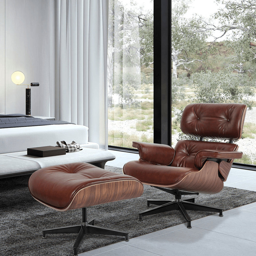 35" Brown Tufted Genuine Leather Swivel Lounge Chair With Ottoman