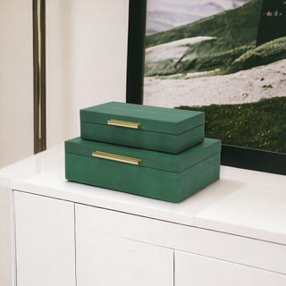 Lusan Rectangular Decorative Box Set, Green Faux Shagreen