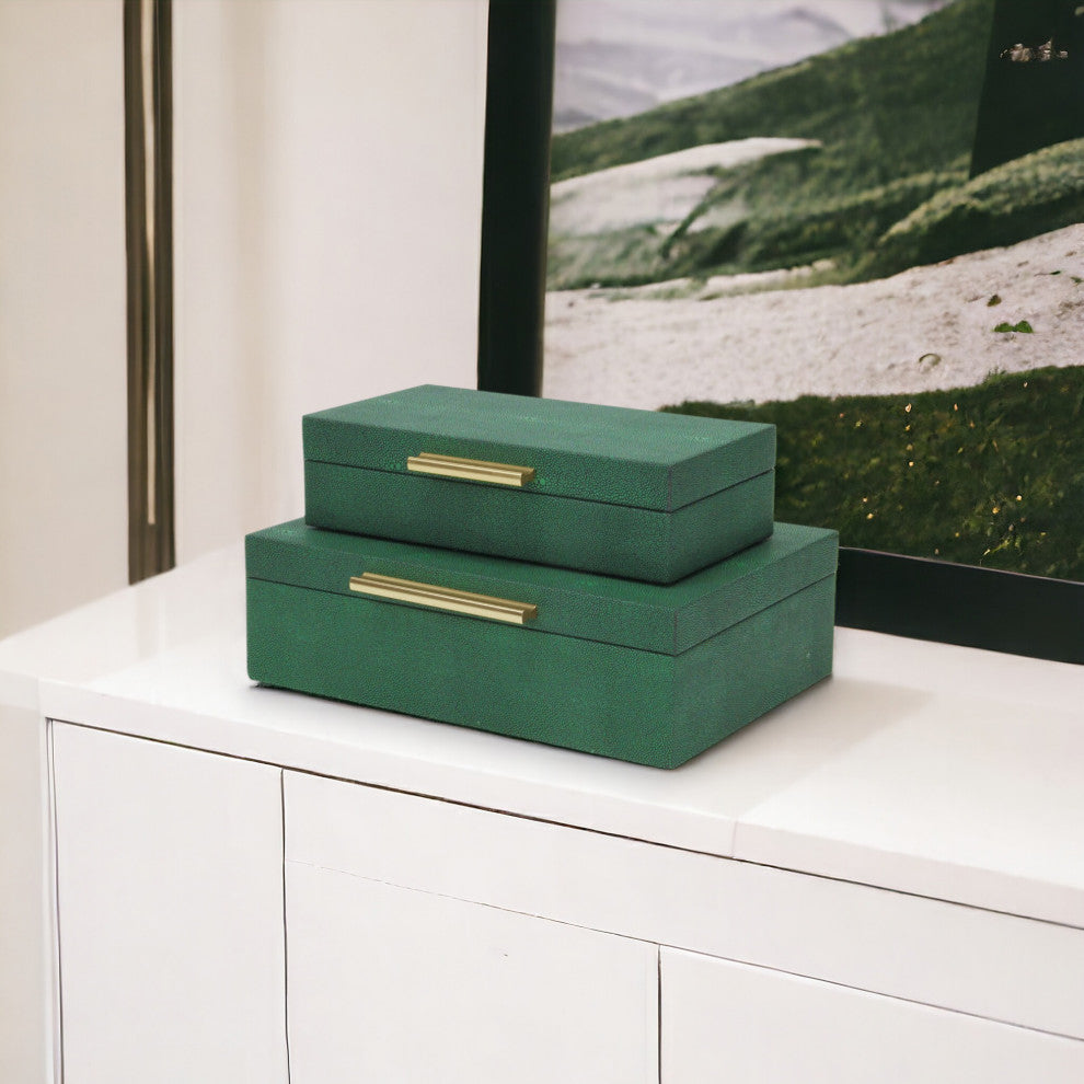 Lusan Rectangular Decorative Box Set, Green Faux Shagreen