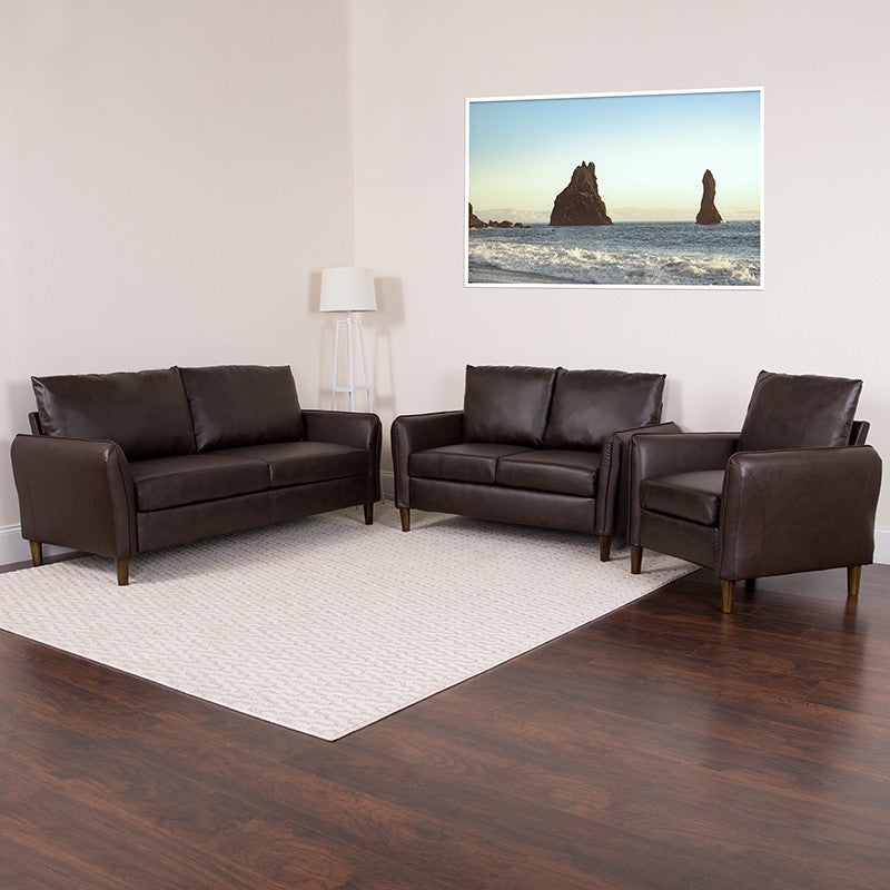 Upholstered Plush Pillow Back Chair, Loveseat and Sofa Set in Brown Leather