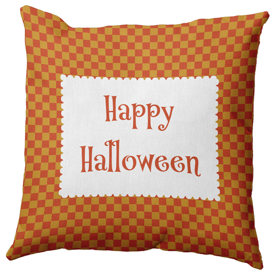 Happy Halloween Checks Accent Pillow, Rust, 16"x16"
