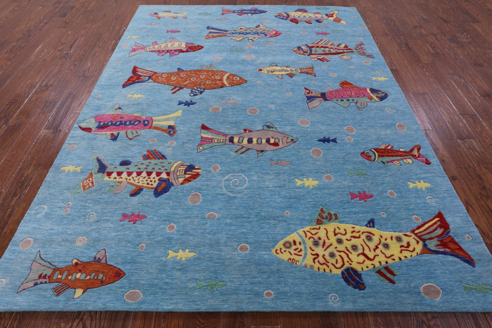 Gabbeh Fish Design Hand-Knotted Wool Rug 7' 11" X 10' 1" - Q13530