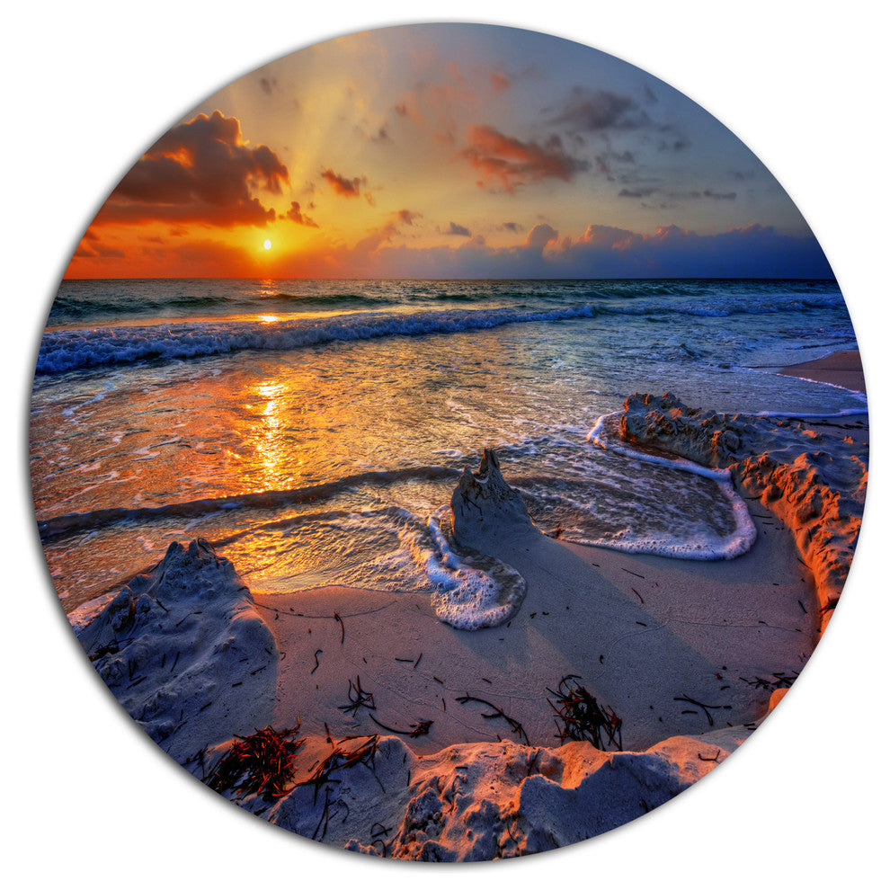 Beautiful Seashore With Yellow Sun, Seashore Art Round Wall Art, 23"