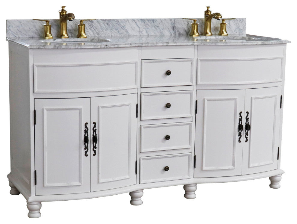 62" Double Sink Vanity Antique White Finish, White Marble Top