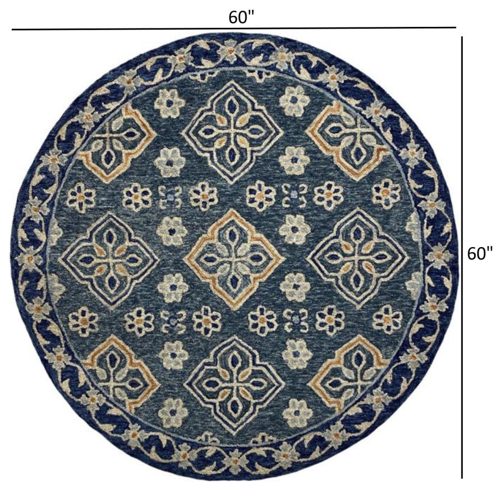 5" Round Blue Bordered Floral Motifs Area Rug