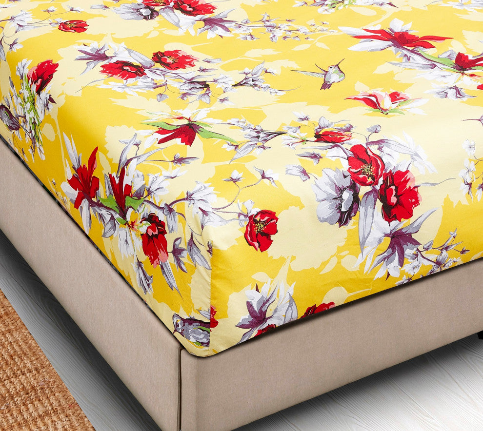 Sunshine Hummingbirds Floral Fitted Bed Sheet Set with Pillow Cases , Full