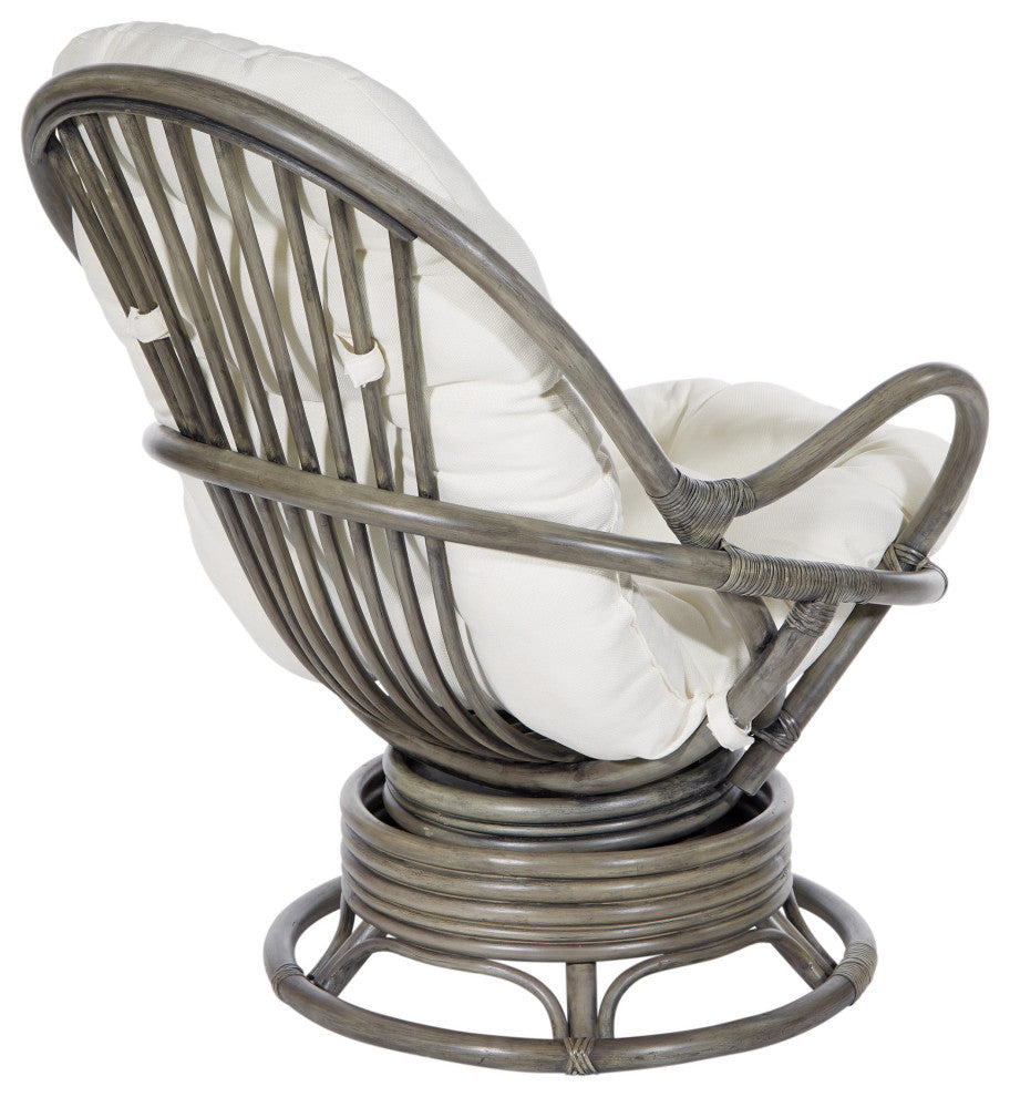 Tahiti Rattan Swivel Rocker Chair, White Fabric With Gray Frame