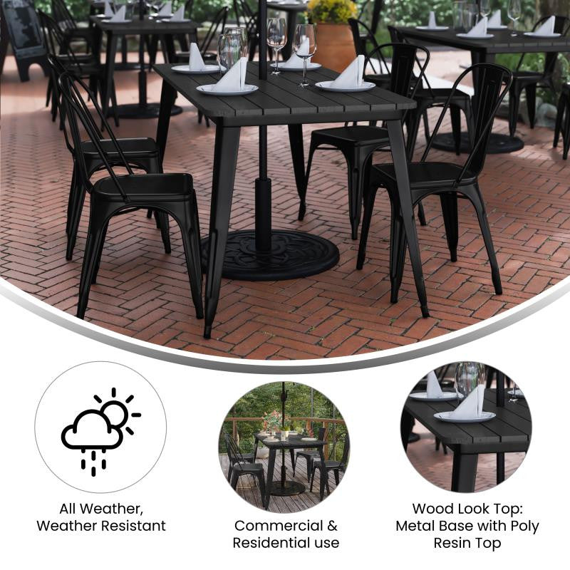 Declan Commercial Indoor/Outdoor Dining Table with Umbrella Hole, 30" x 60", Black
