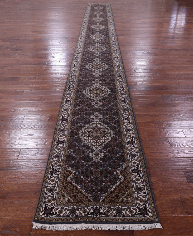2' 7" X 25' 8" Hand Knotted Wool and Silk Persian Tabriz Runner Rug Q8947