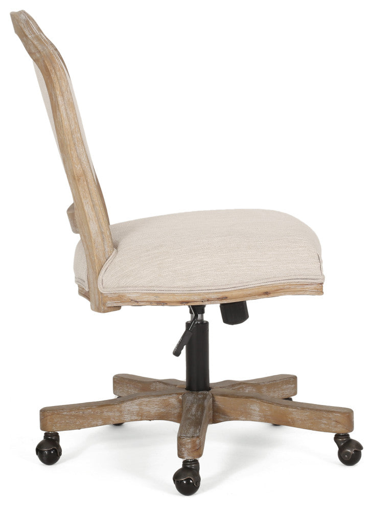 Oakes Upholstered Swivel Office Chair, Beige + Natural, 100% Polyester + Rubber Wood + Iron