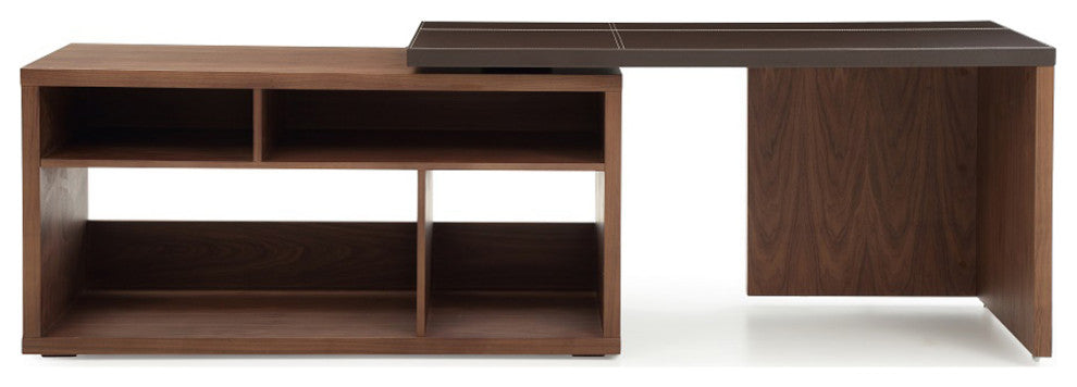 HomeRoots 29" Walnut and Brown Veneer L Shaped Desk With a Leather Top