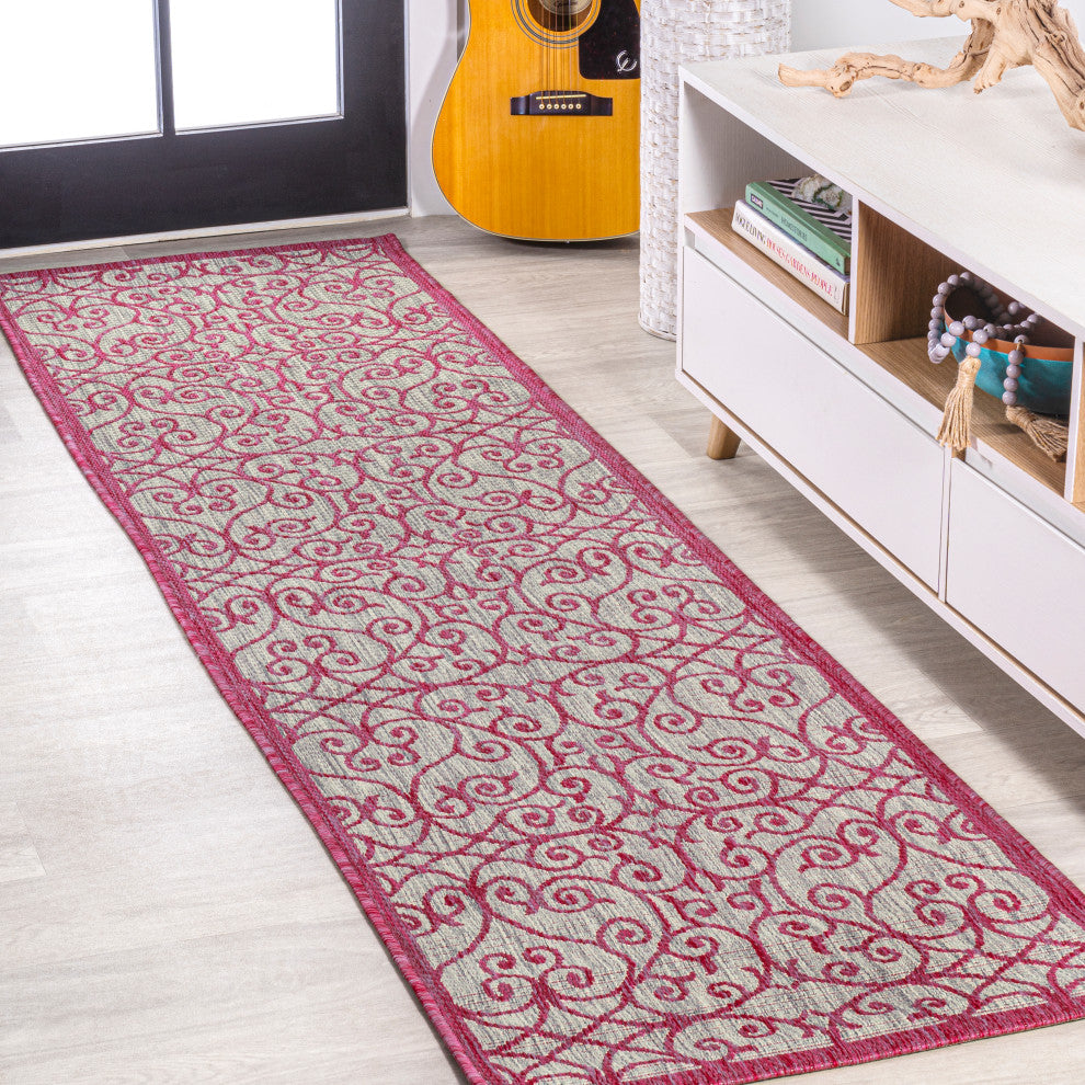 Madrid Vintage Filigree Textured Weave Indoor/Outdoor, Light Gray/Fuchsia, 2x10