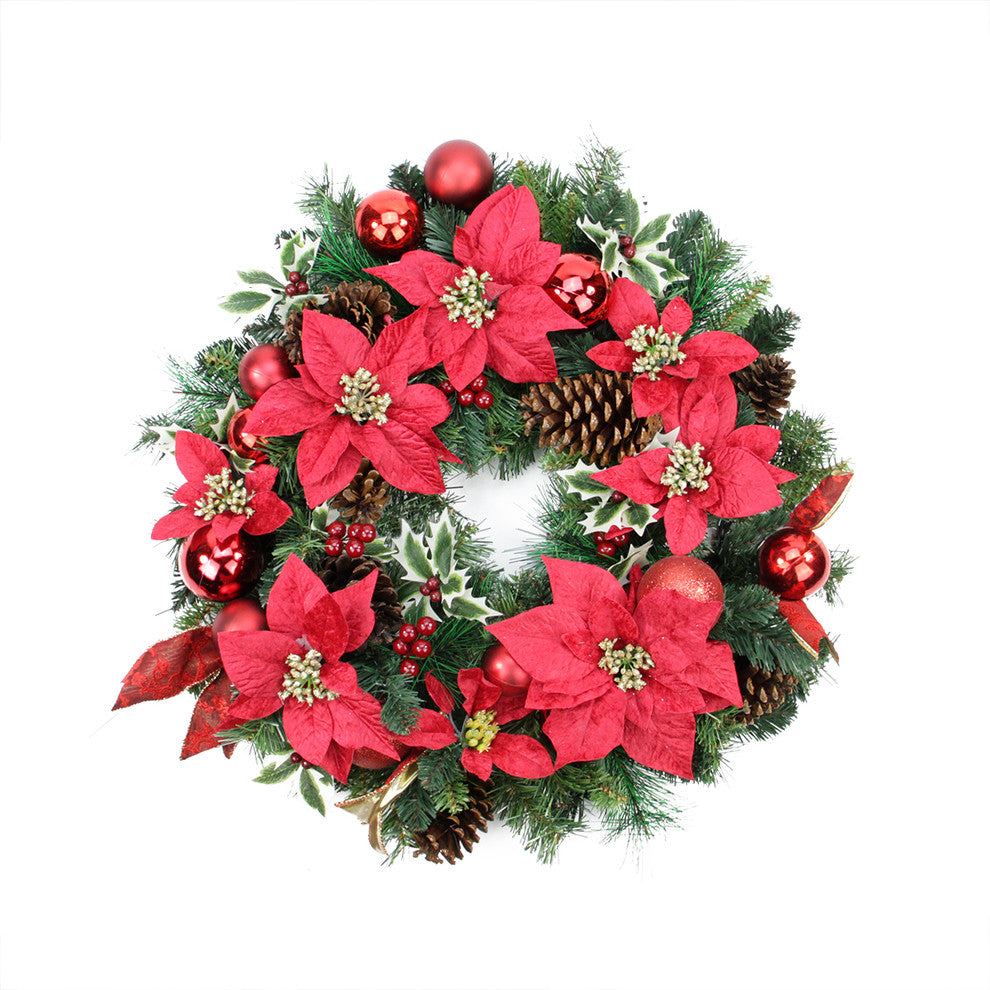 24" Unlit Decorated Wreath, Red Poinsettias, 93 Tips