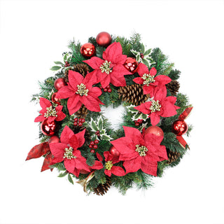 24" Unlit Decorated Wreath, Red Poinsettias, 93 Tips